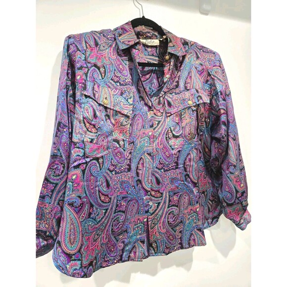 Vtg‎ 100% Silk 'Mieka' Paisley Silk Blouse Purple Vibrant Long Sleeve Shoulder 8 - Picture 1 of 5